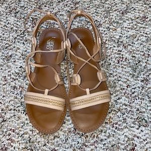 franco sarto gold and tan gladiator sandals